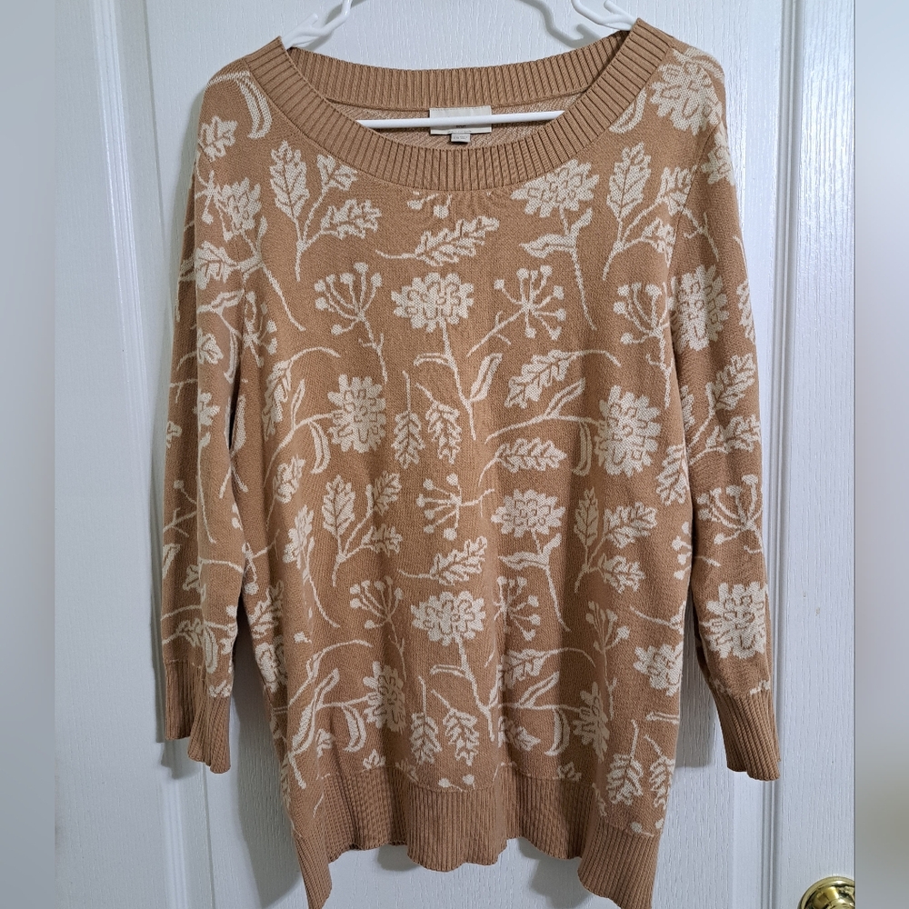 LOFT Floral Pullover Sweater 100% Cotton XXL Tan and White